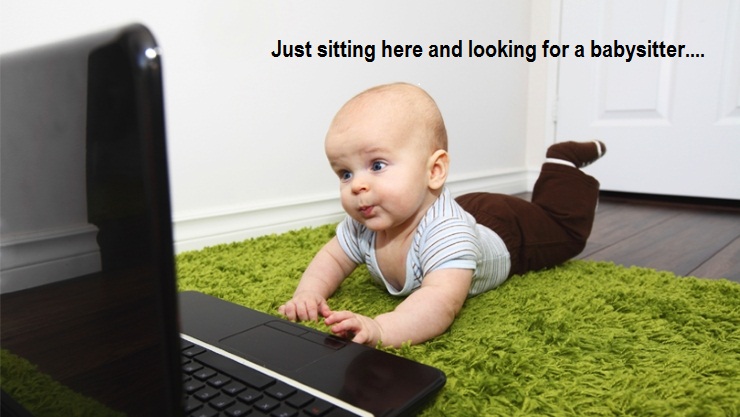 baby looking for a babysitter on laptop