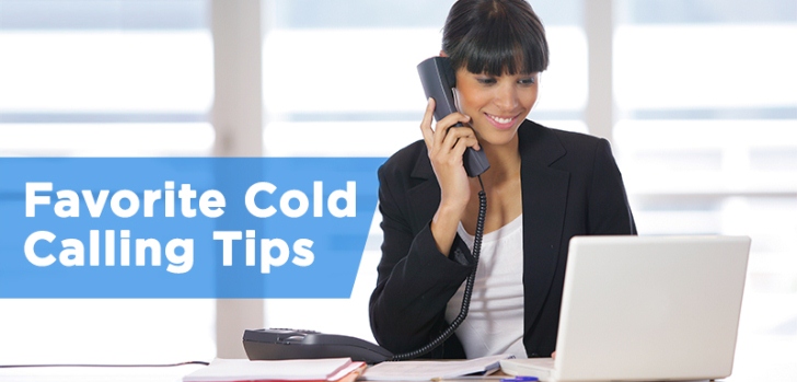 woman with a phone at the laptop cold calling banner