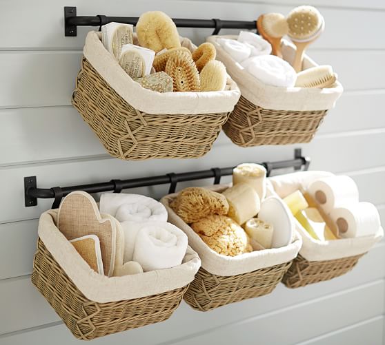 baskets on walls in bathroom