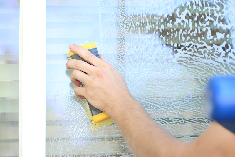 person cleaning windows with a bristled brush
