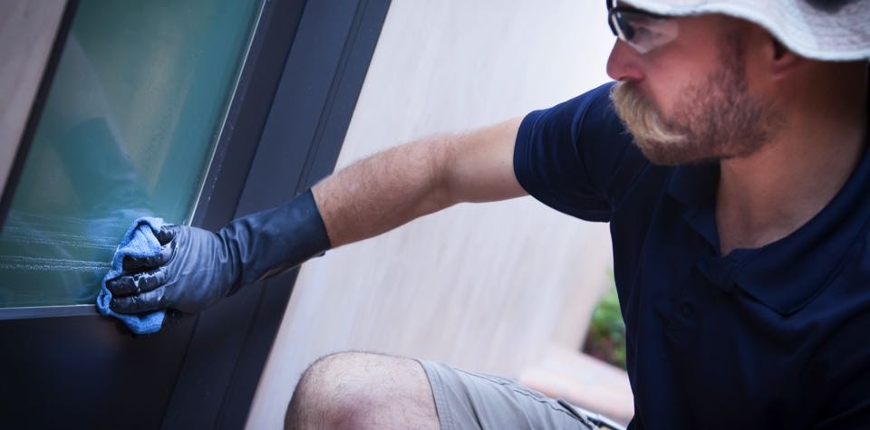 window cleaner wiping window along the edge