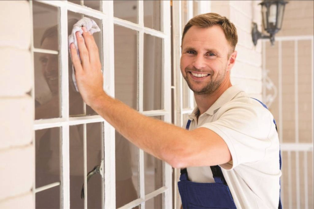 professional window cleaner wiping window frames