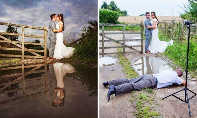 wedding photography photographer lying in mud to take picture