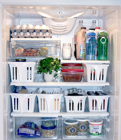 refrigerator organization with bins and baskets