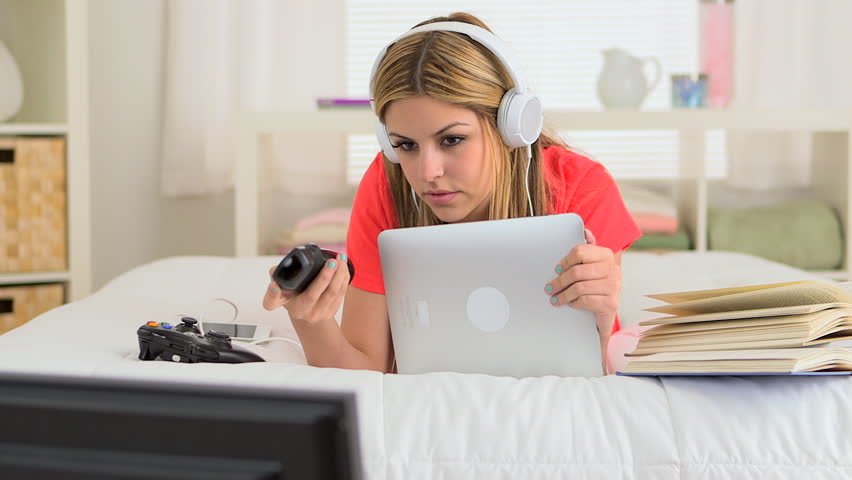 teenage girl using technologies