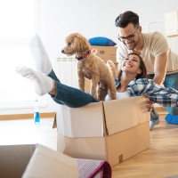 Young playful couple at their new apartment - Stock image
