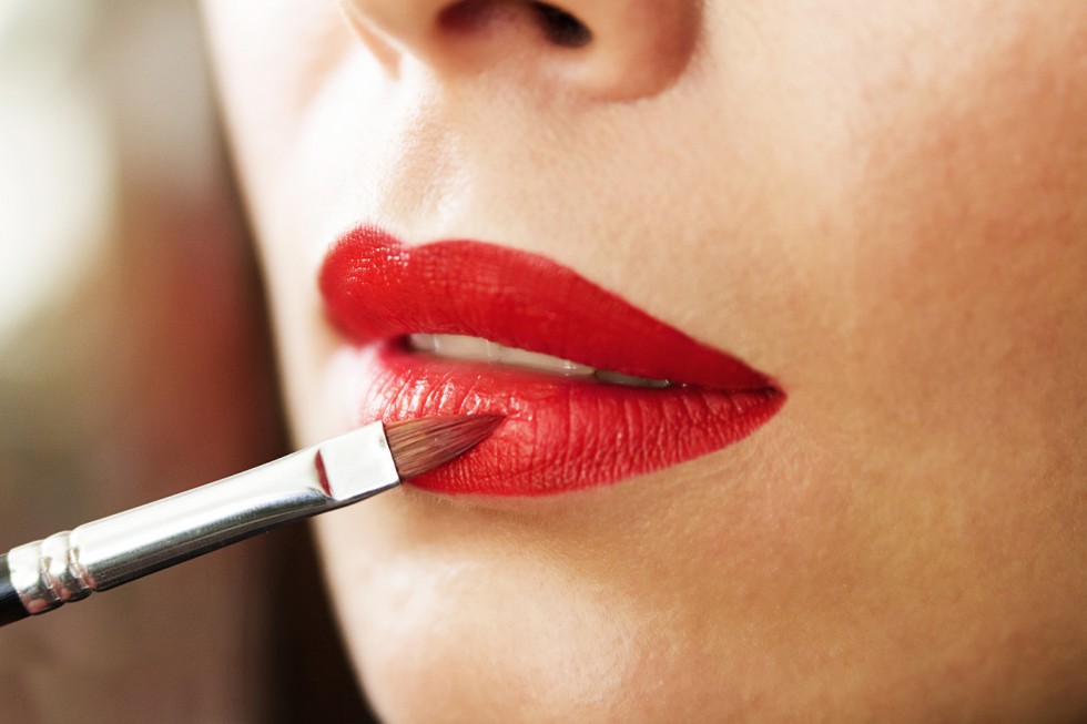 Lip makeup, red lipstick, lipstick brush, beautiful young brunet