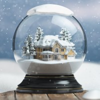 Merry christmas snow globe with a house on snowfall winter background. 3d illustration