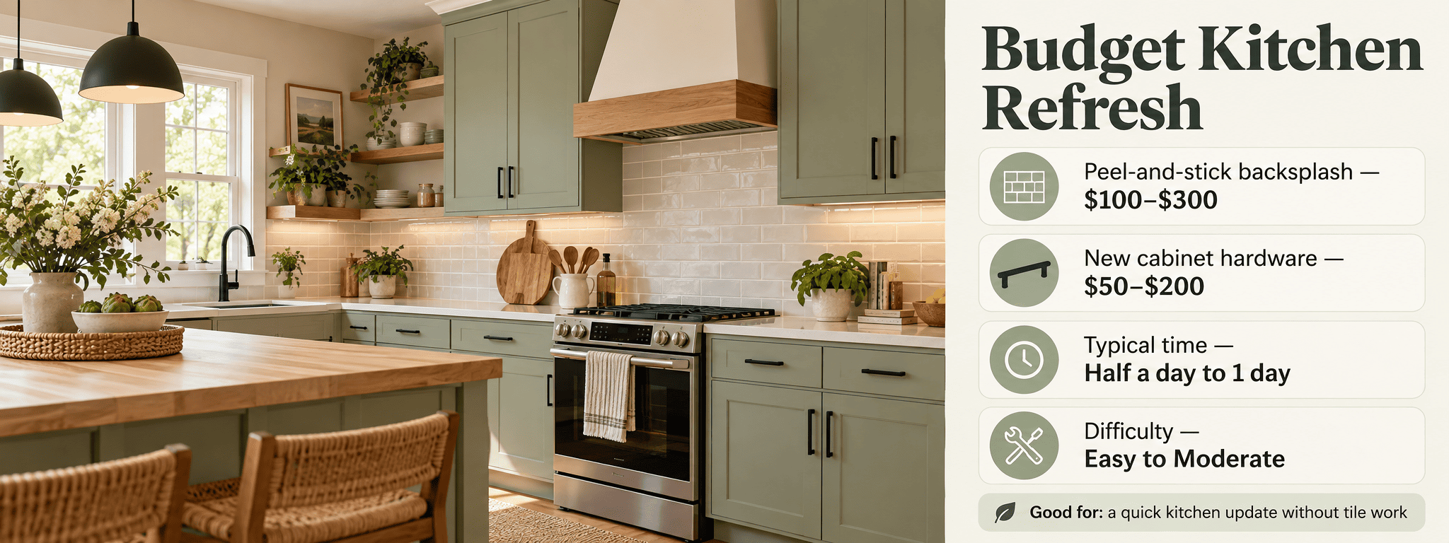 Cheap home improvement ideas peel-and-stick backsplash and new cabinet hardware