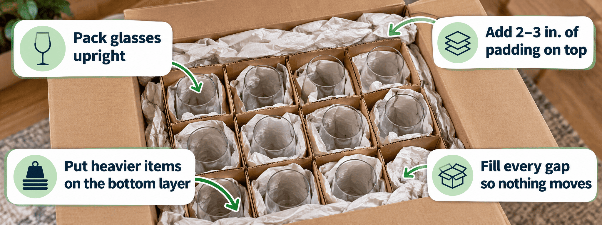 How to pack glasses for moving in a box with cell dividers