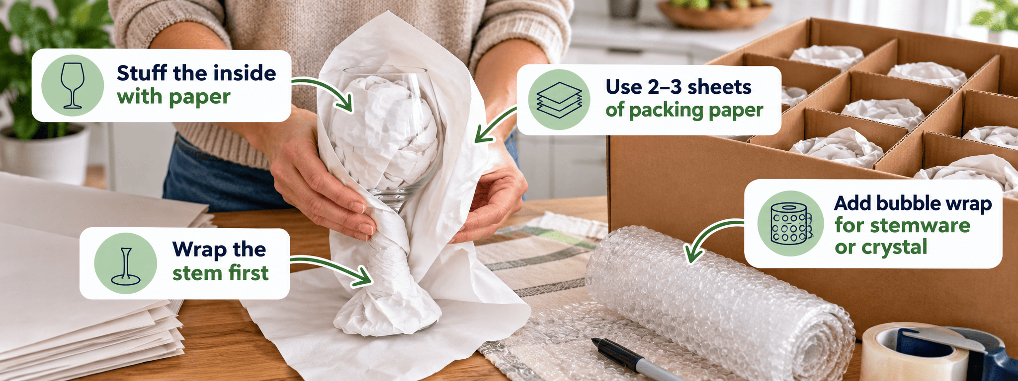 How to pack glassware for moving: wrapping a wine glass in packing paper