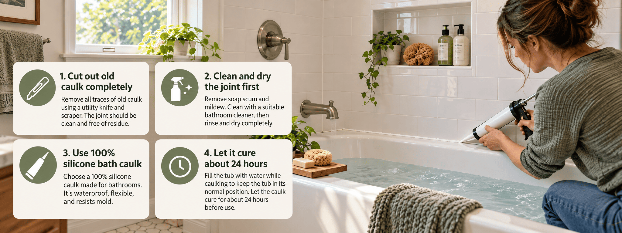 Fresh silicone caulk bead along the edge of a filled bathtub