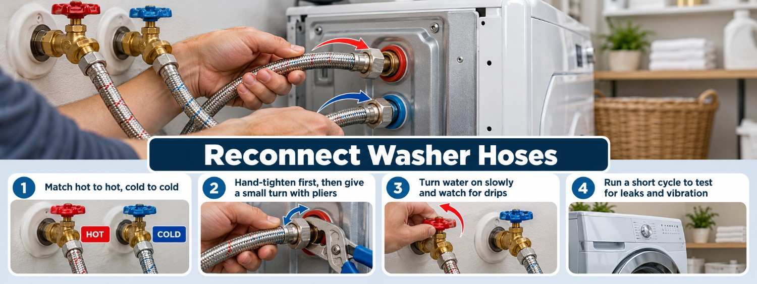 Reconnecting washer fill hoses after moving a washer and dryer