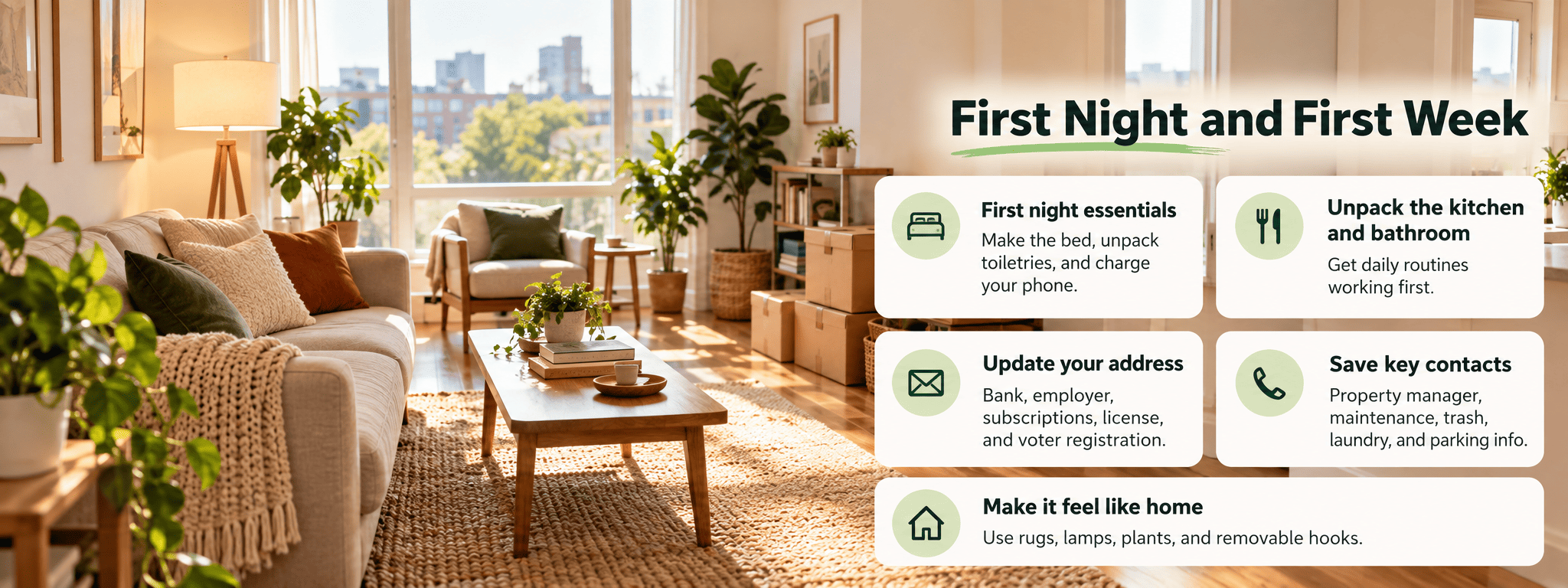 Settled in after moving into an apartment with rugs, lamps, and plants