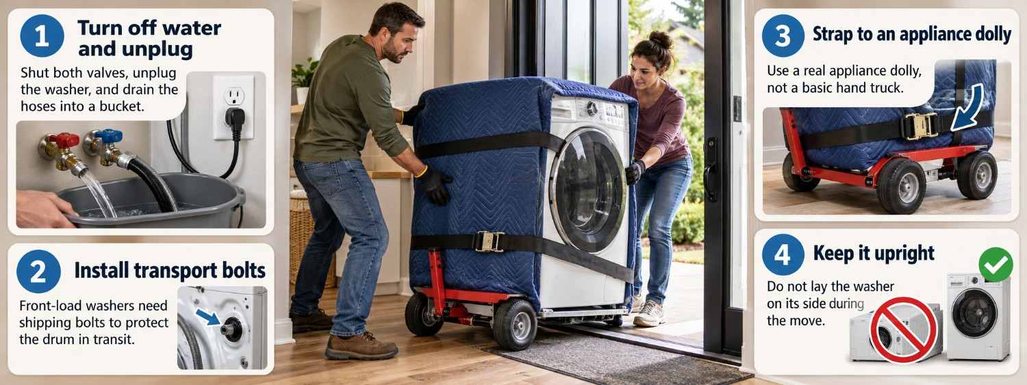 Two people moving a washer on an appliance dolly through a doorway