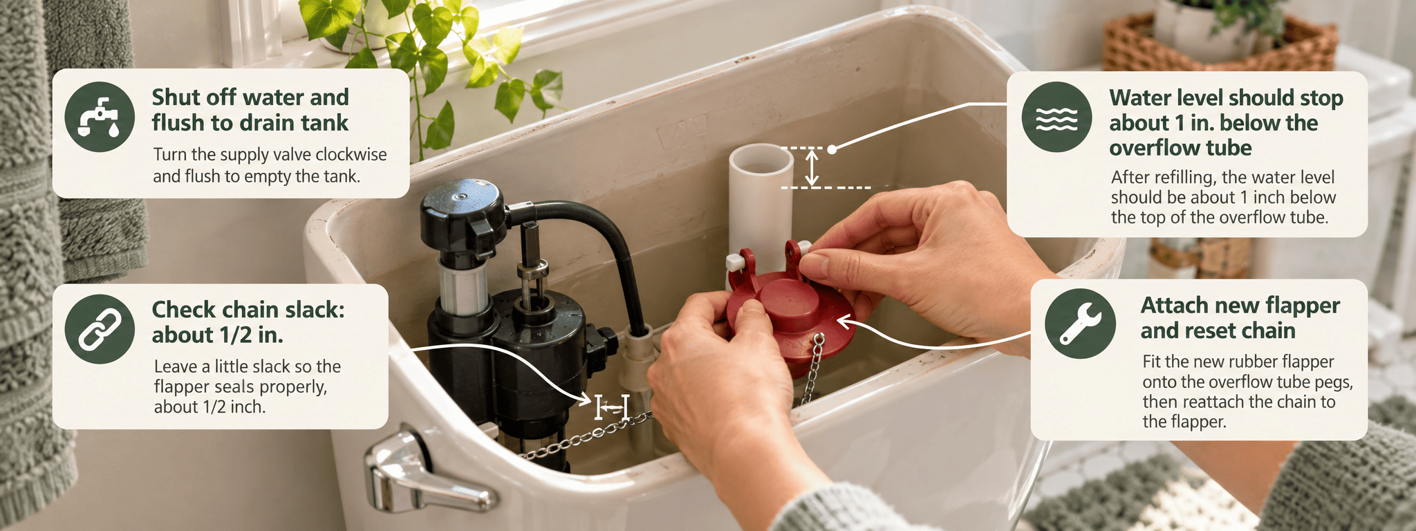 New rubber flapper being attached inside a drained toilet tank