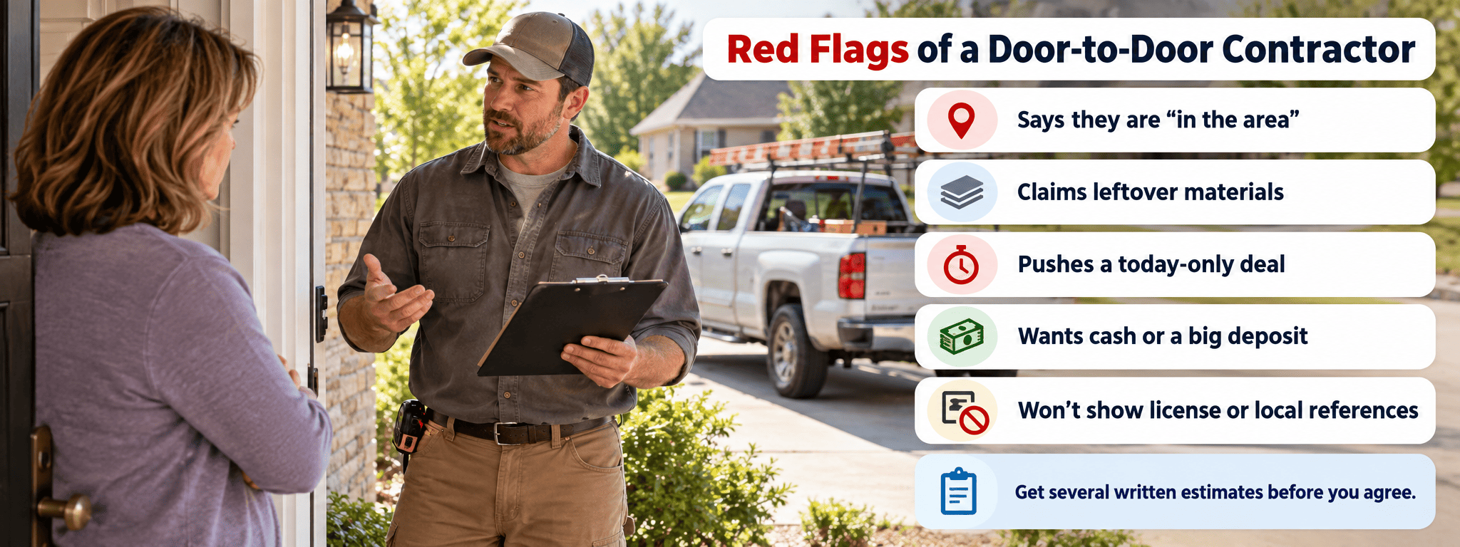 Door-to-door contractor pitch, a common setup for home improvement scams