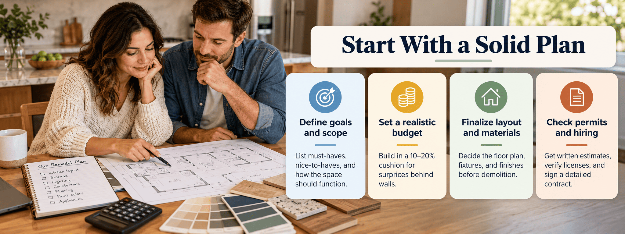Home improvement planning with a floor plan, swatches, and budget