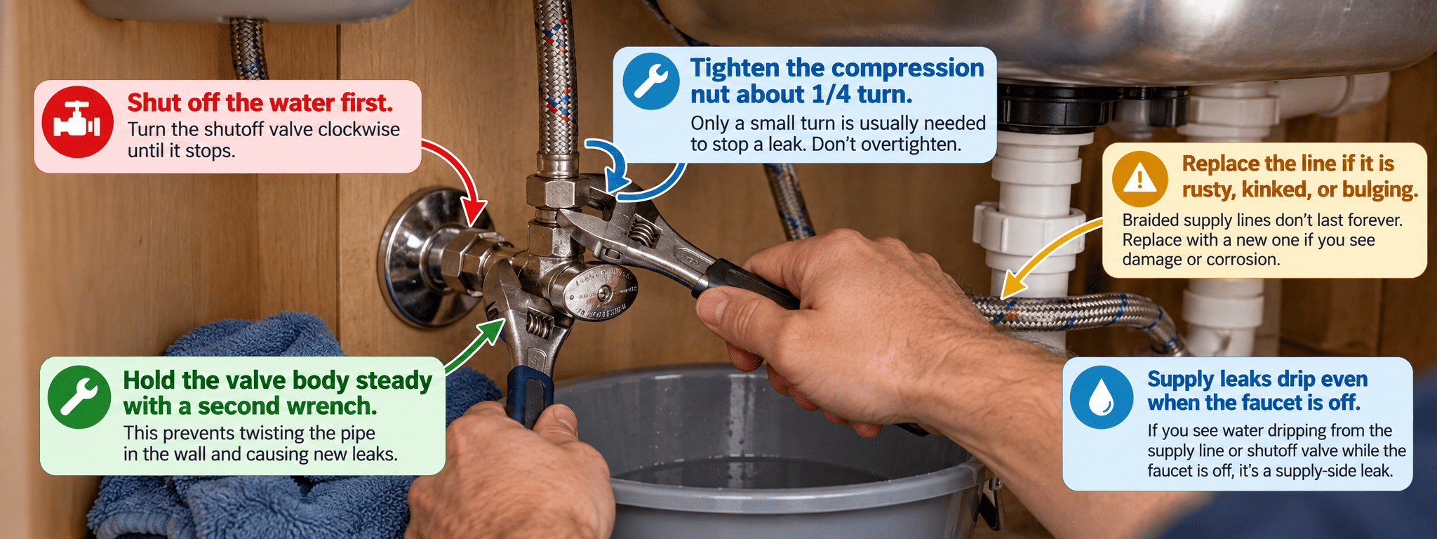 Replacing a braided supply line to fix a leak under the kitchen sink
