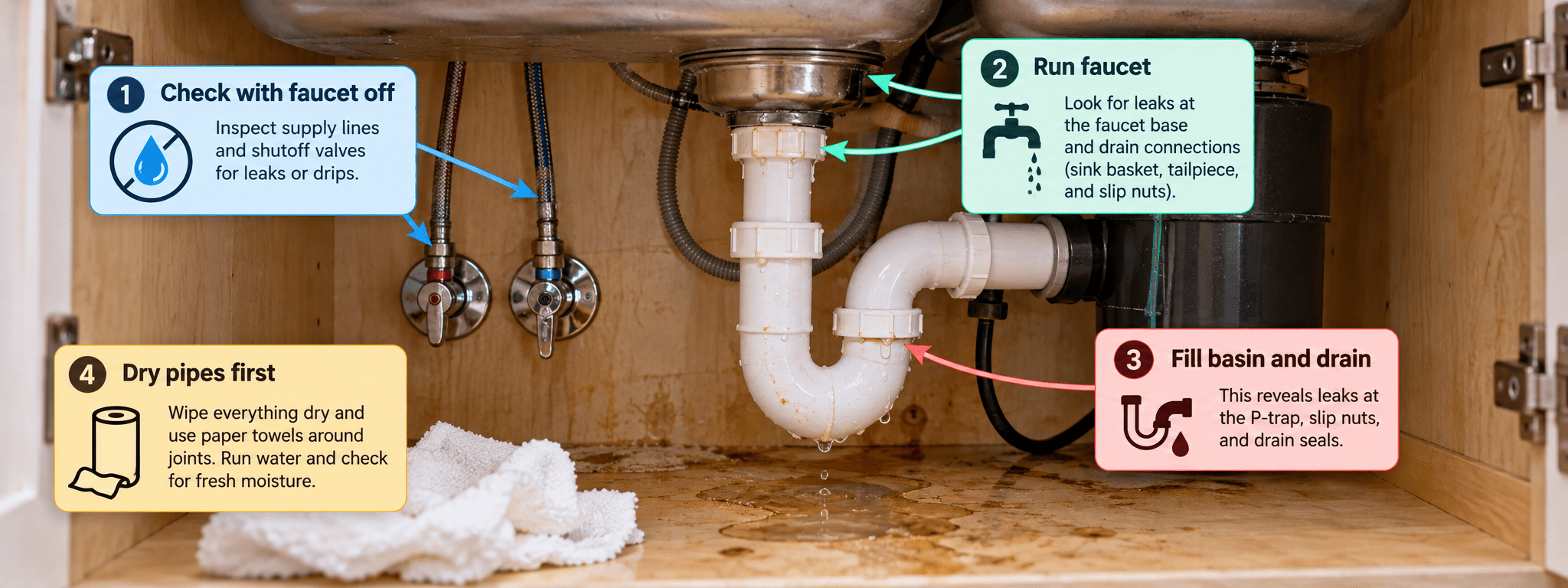 Leaking sink with water stains on the cabinet floor below the P-trap and supply lines