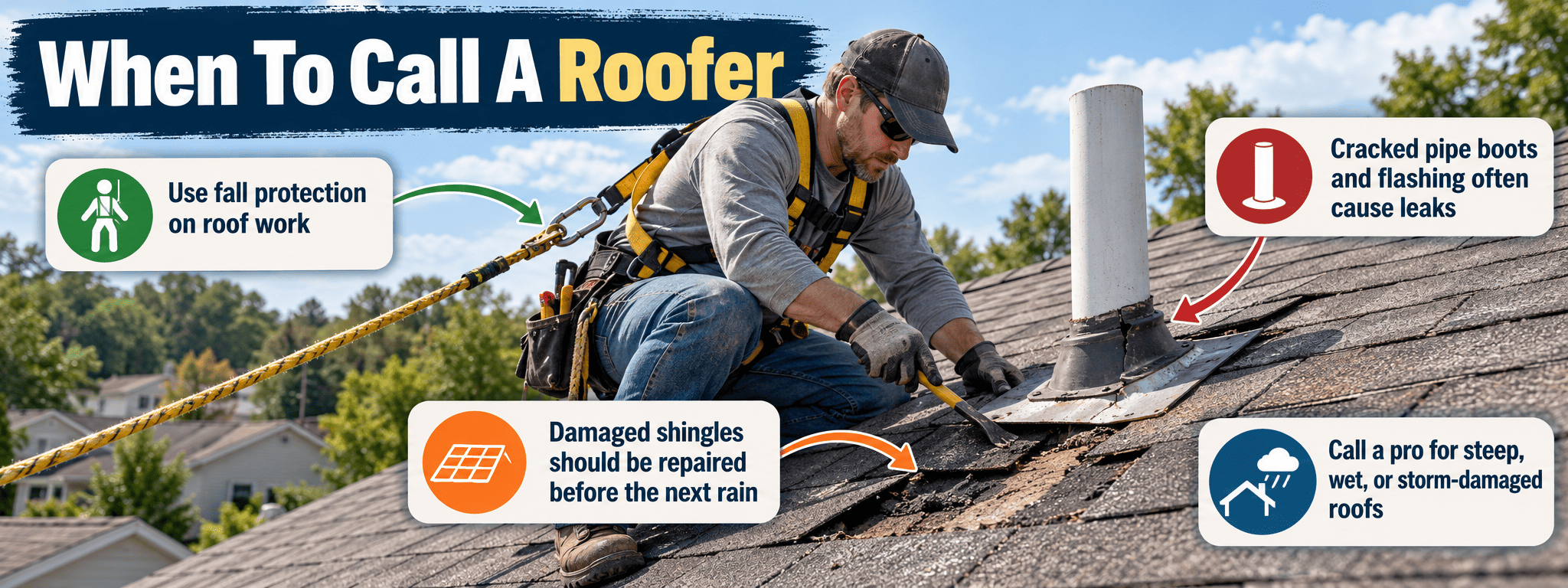 Roofer with fall protection replacing damaged shingles around a vent pipe
