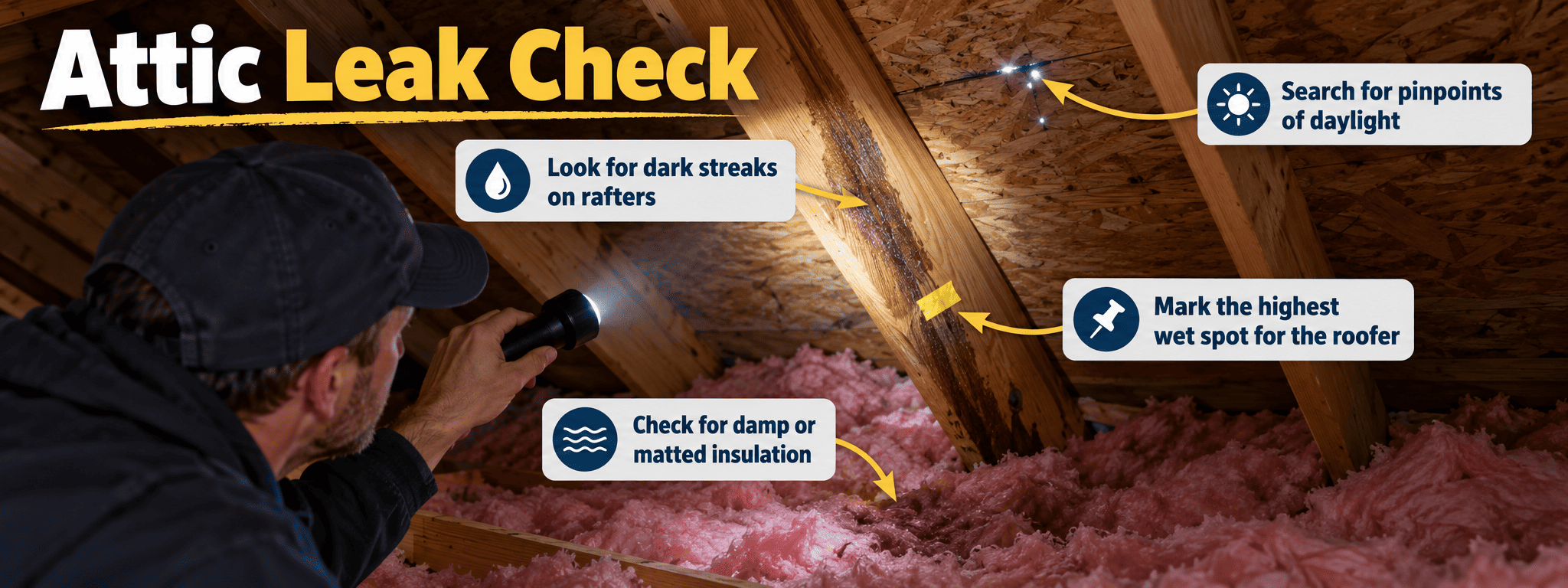 Tracing a roof leak along an attic rafter with a flashlight