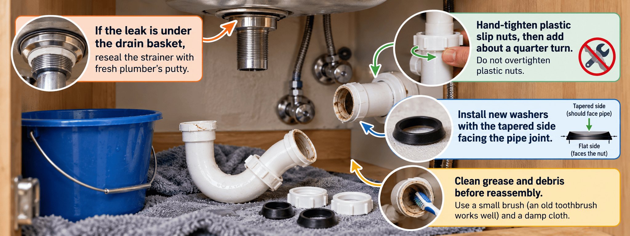 Repairing a sink drain pipe leaking at the P-trap with new washers